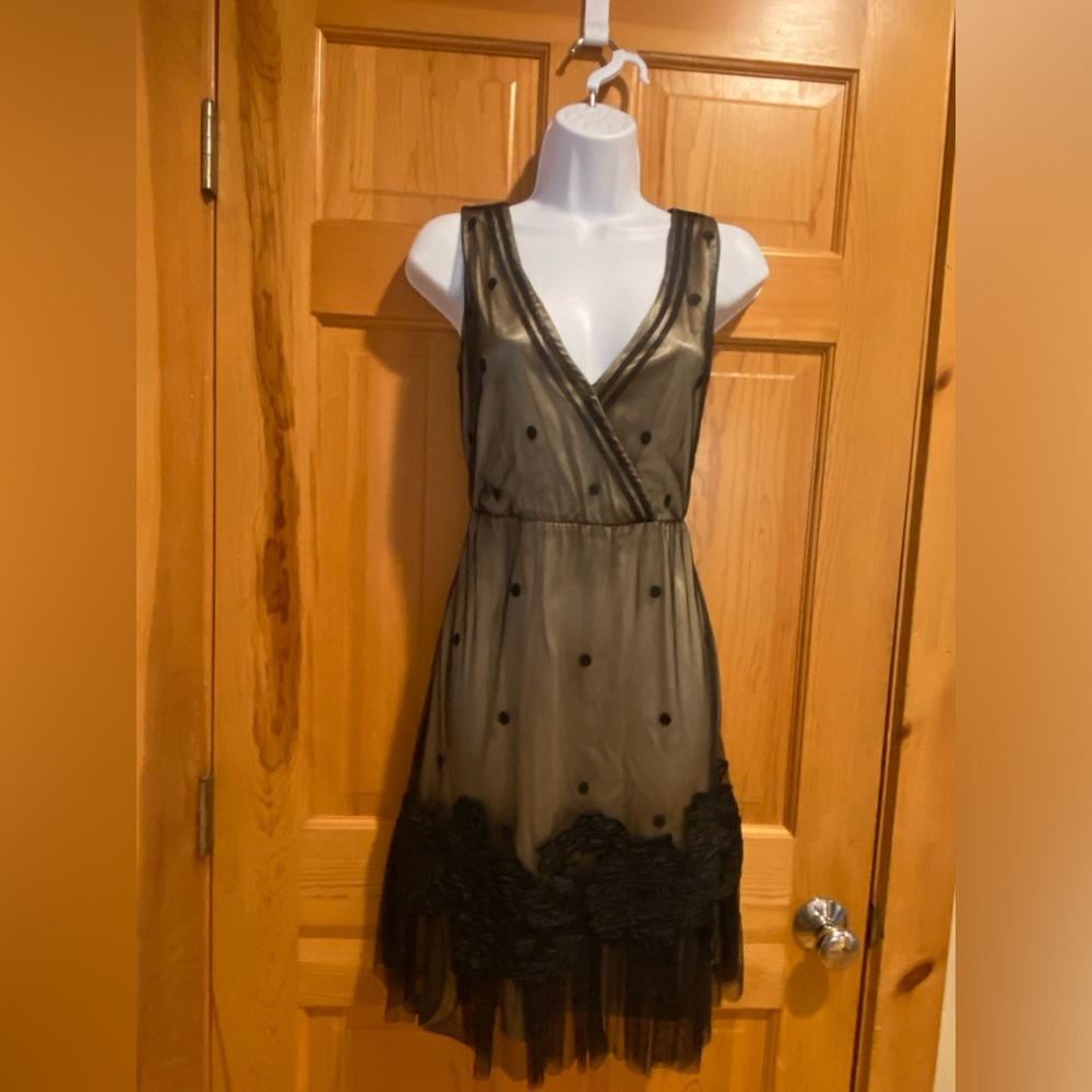 Anthropologie cocktail dress, size 2, light gold with black mesh overlay